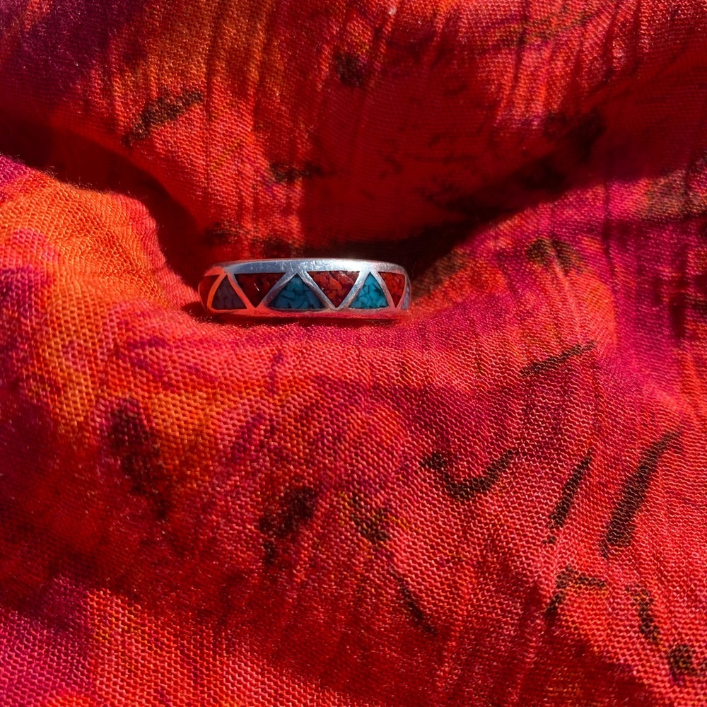 Vintage 925 Sterling Silver Rings with Turquoise and Coral Chips, size 10.5